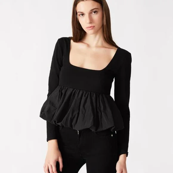 Steve Madden Women's Avielle Long-Sleeve Peplum Top - Black NWT XS - Picture 2 of 6